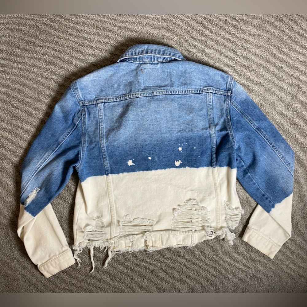 BBJ Los Angeles Two-Tone Blue & Cream Distressed Denim Jacket- Streetwear Cotton - Picture 2 of 5